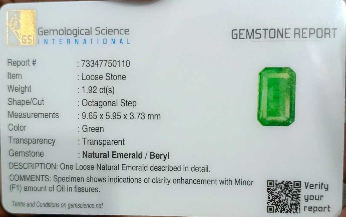 1.92cts GSI certified natural Panjshir emerald octagon cut gemstone