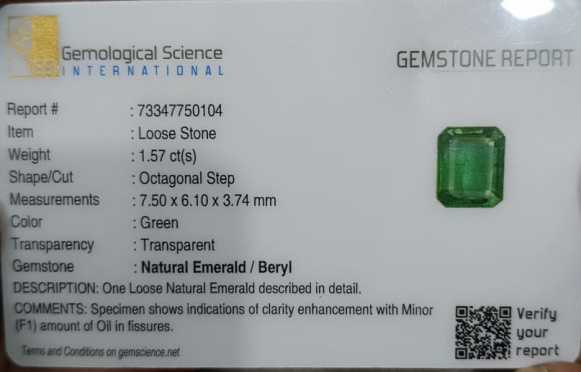 1.57cts GSI USA certified natural medium deep green emerald cut Zambian emerald 