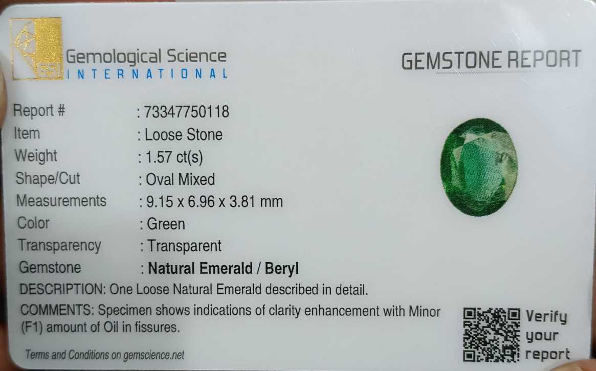 1.57ct certified deep green oval cut Zambian emerald loose gemstone 