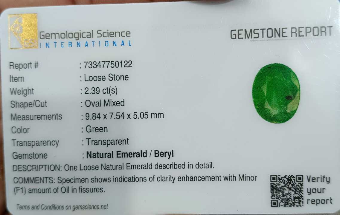 2.39cts GSI USA certified medium green oval Swat emerald loose gemstone 