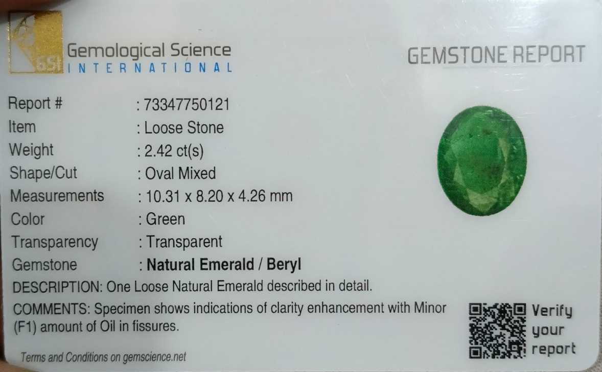 2.42cts GSI certified oval cut natural green Zambian emerald loose gemstone 