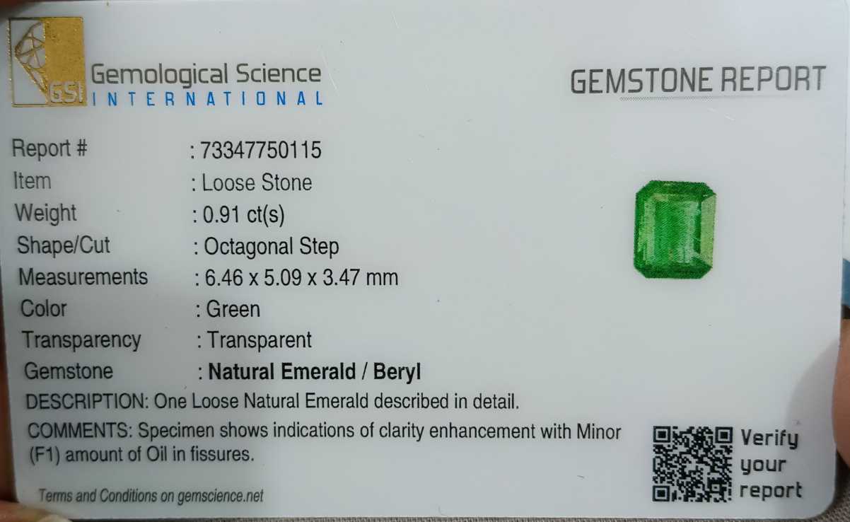 0.91cts GSI certified deep green emerald cut Zambian emerald loose gemstone 