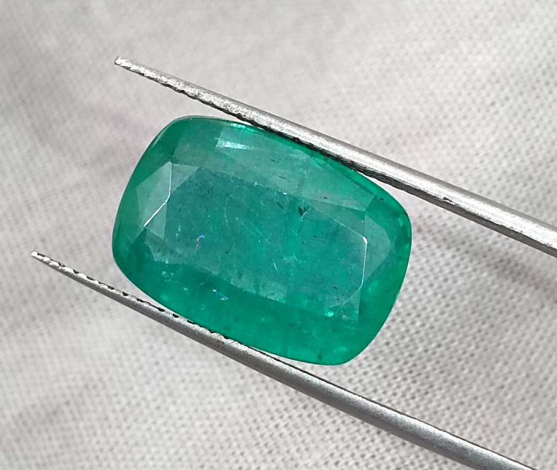 9.75ct Medium deep green cushion cut Zambian emerald.