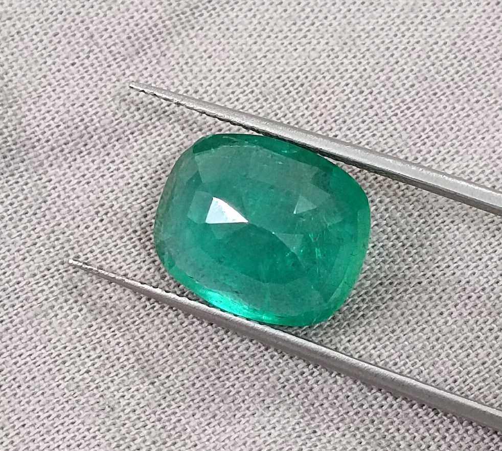 6.28ct Medium deep green cushion cut Zambian emerald.