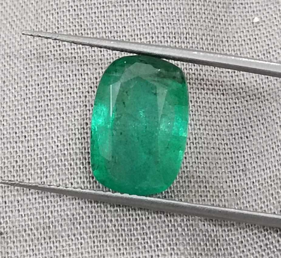 4.87ct Medium deep green cushion cut Zambian emerald.