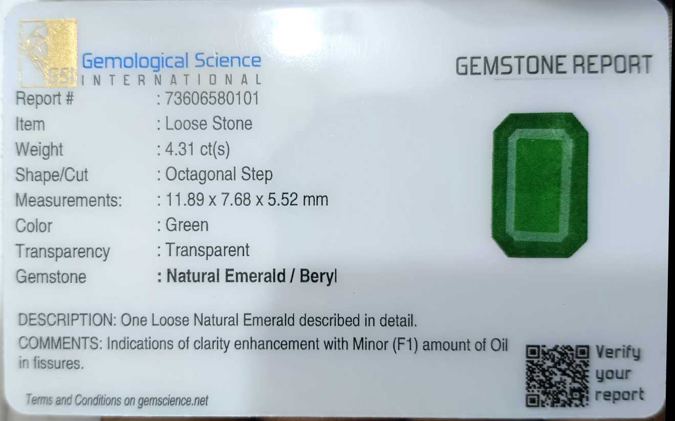 4.31ct GSI USA certified Swat emerald deep green gemstone