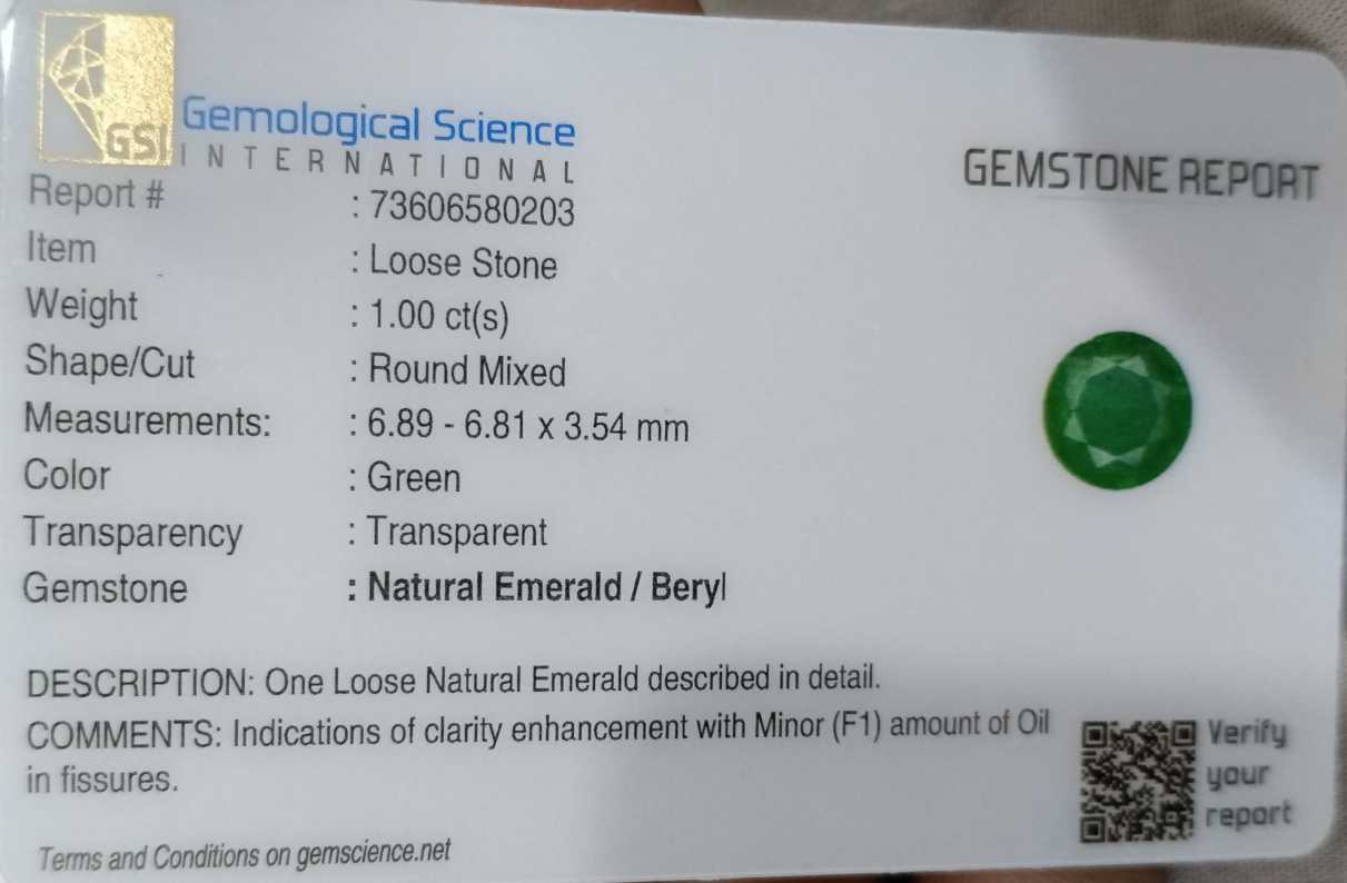 1.00ct GSI certified medium bright shamrock green Zambian emerald round cut