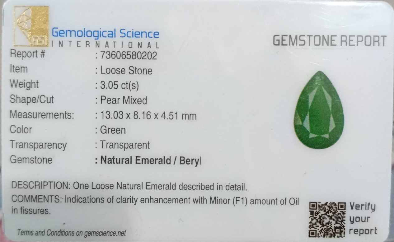 3.05ct GSI USA certified Zambian emerald deep velvet green stone