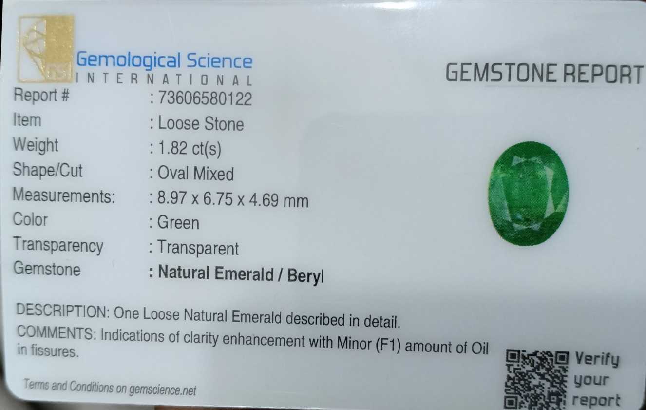 1.82ct GSI certified medium sea green oval cut Zambian emerald 