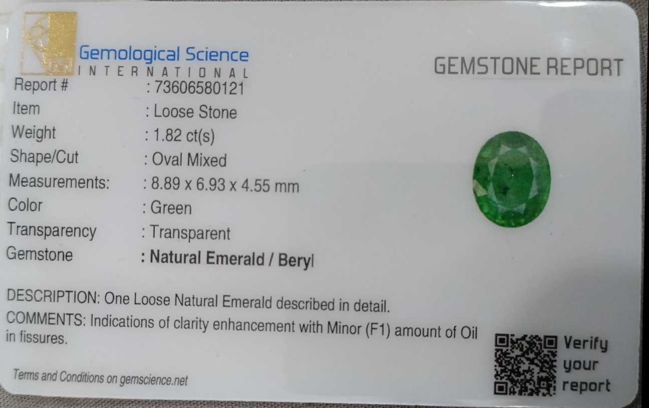 GSI USA certified 1.82ct medium deep vivid green oval cut Zambian emerald 