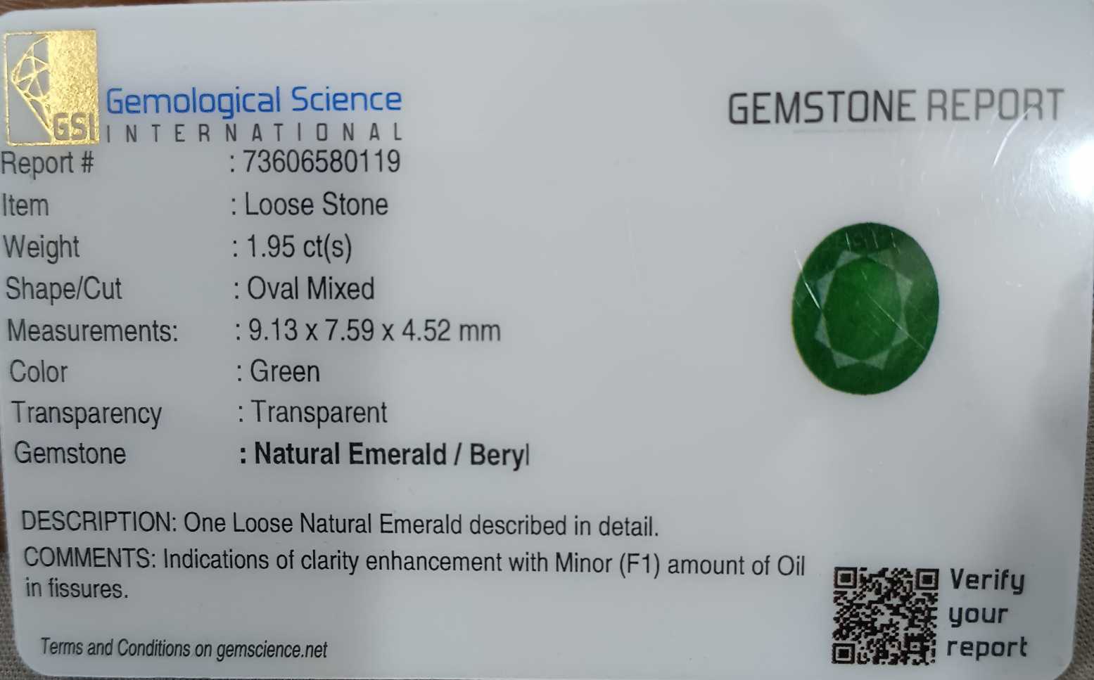 1.95ct Certified deep vivid green Zambian emerald oval cut Loose Stone 