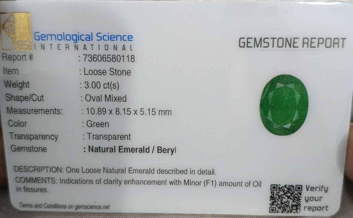 3.00ct GSI certified grass green oval cut Zambian emerald natural loose gemstone