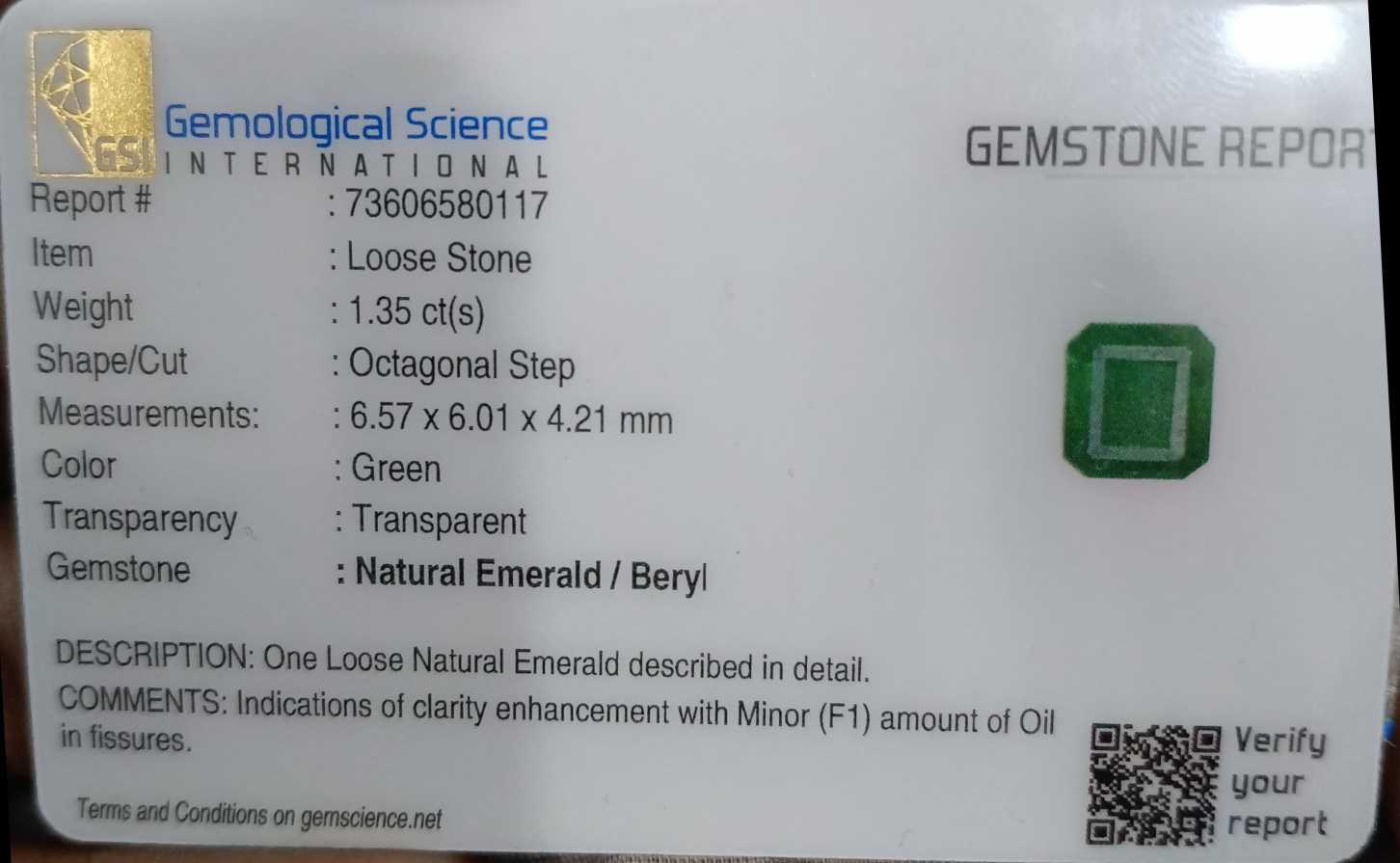 1.35ct Zambian emerald certified octagon cut loose gemstone 