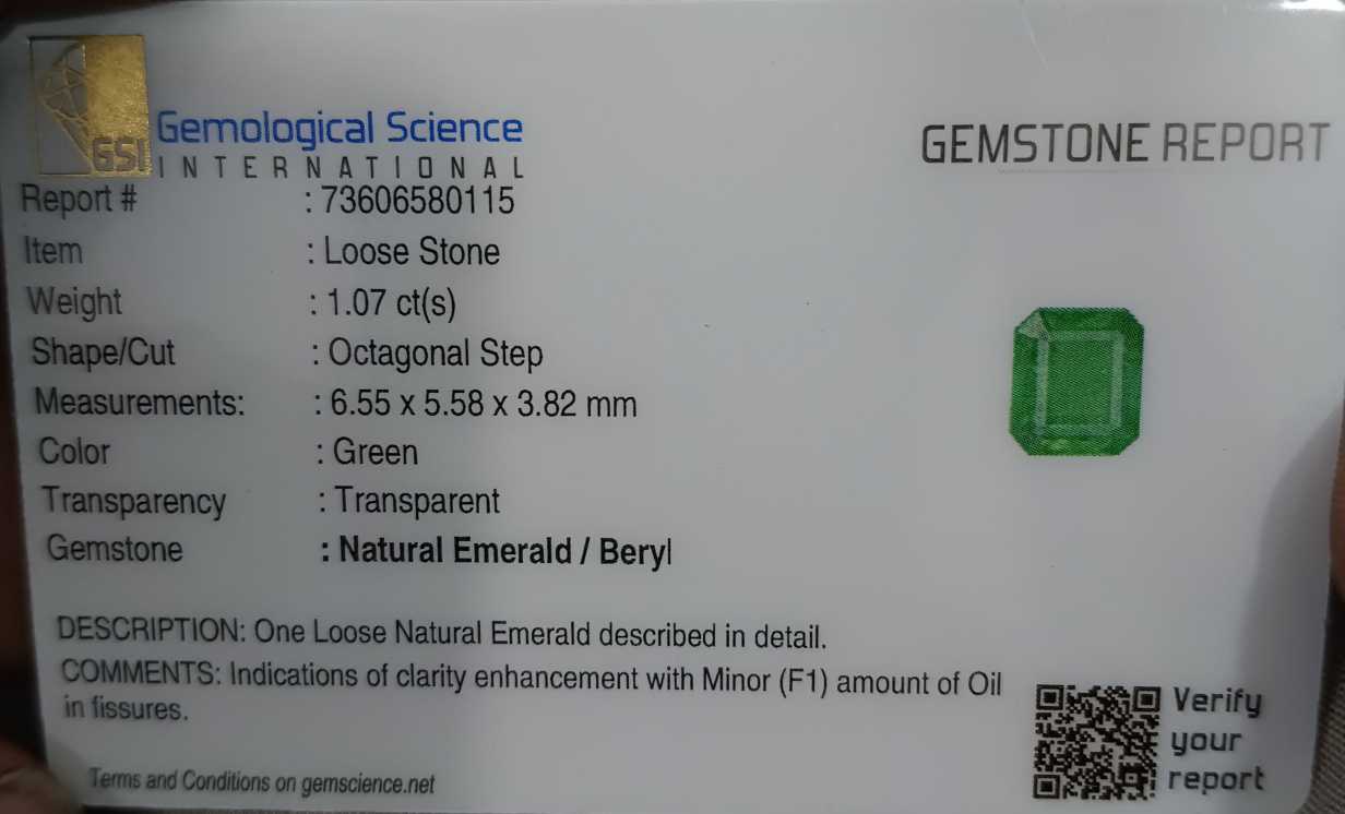 1.07ct Panjshir emerald GSI certified neon green octagon cut gemstone
