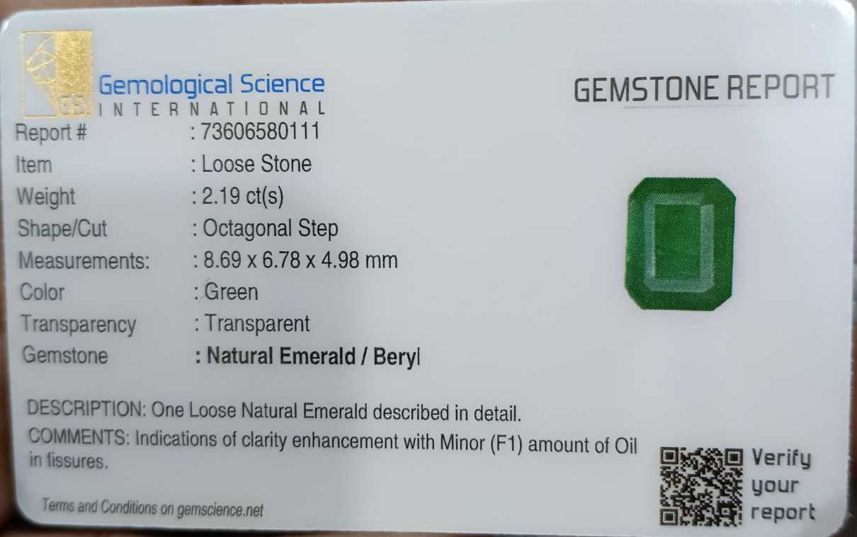 2.19ct GSI certified deep velvet green Octagon cut Zambian emerald 