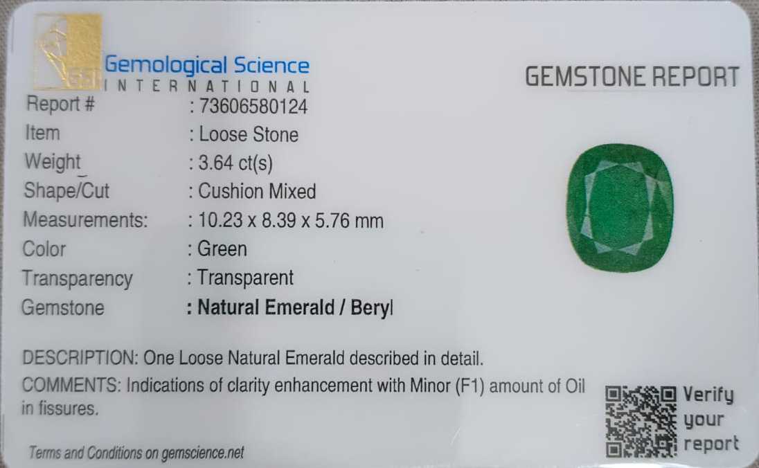 3.64ct Certified Zambian emerald natural cushion cut loose stone