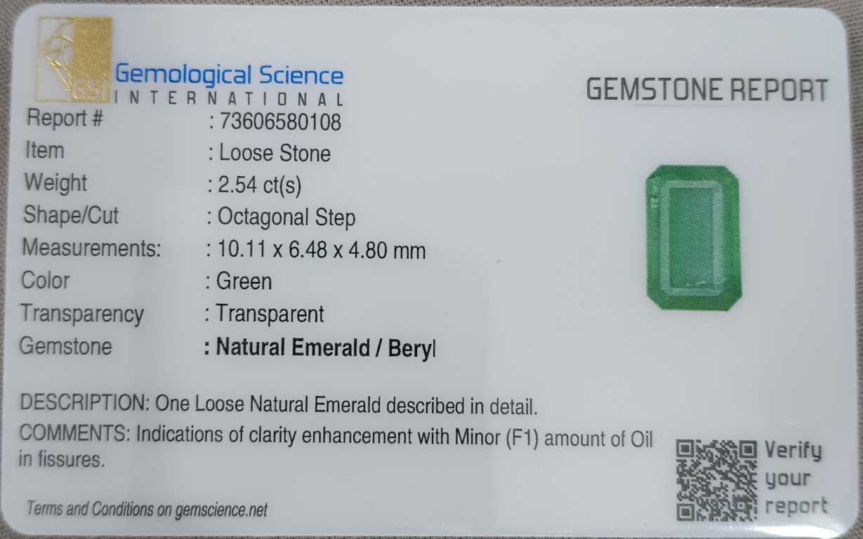 2.54ct Zambian emerald GSI certified octagon cut gemstone 