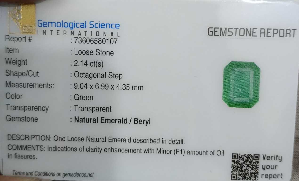 2.14ct GSI certified medium light green Zambian emerald Octagon Cut Stone 