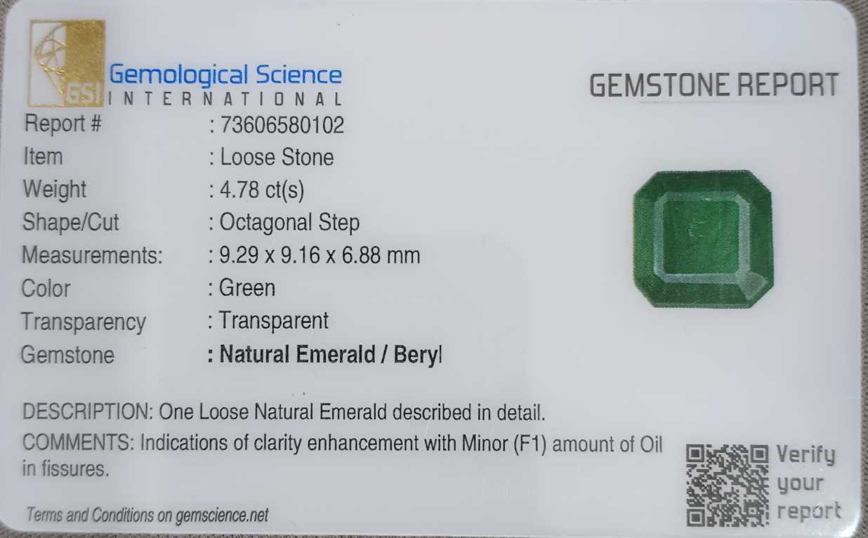 4.78ct GSI certified exceptional top vivid green Zambian emerald 