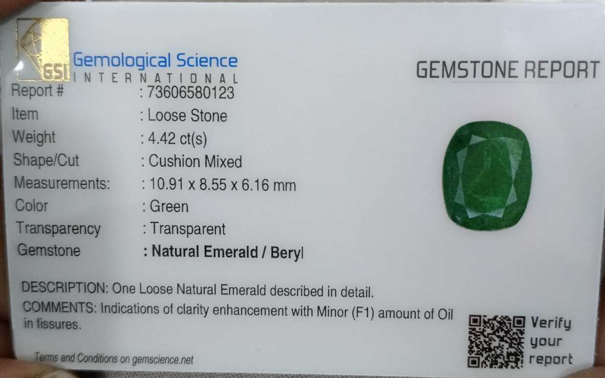 4.42ct Dark pure green GSI certified cushion cut Zambian emerald 