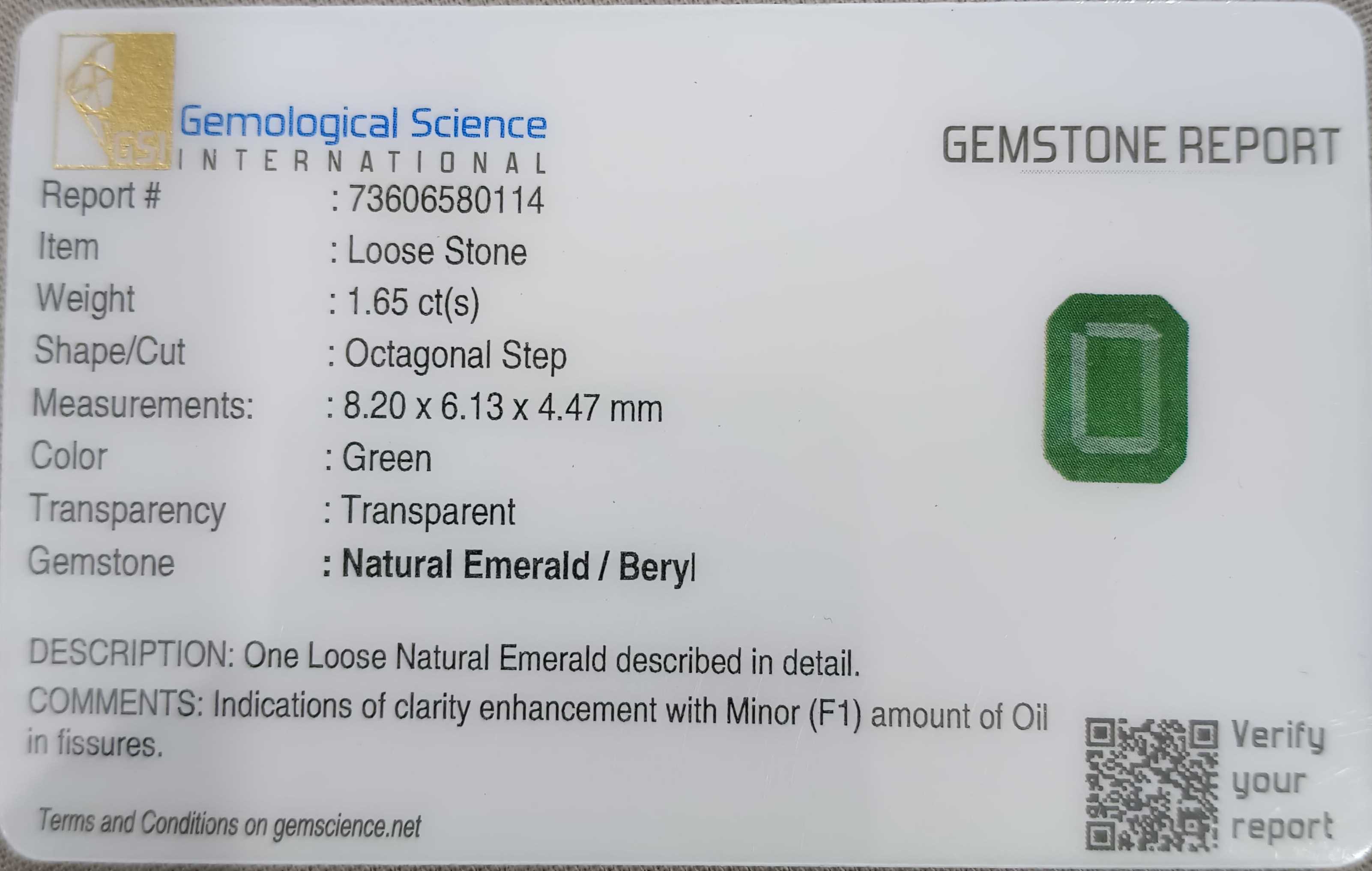 1.65ct Deep vivid green GSI certified Zambian emerald octagon cut 