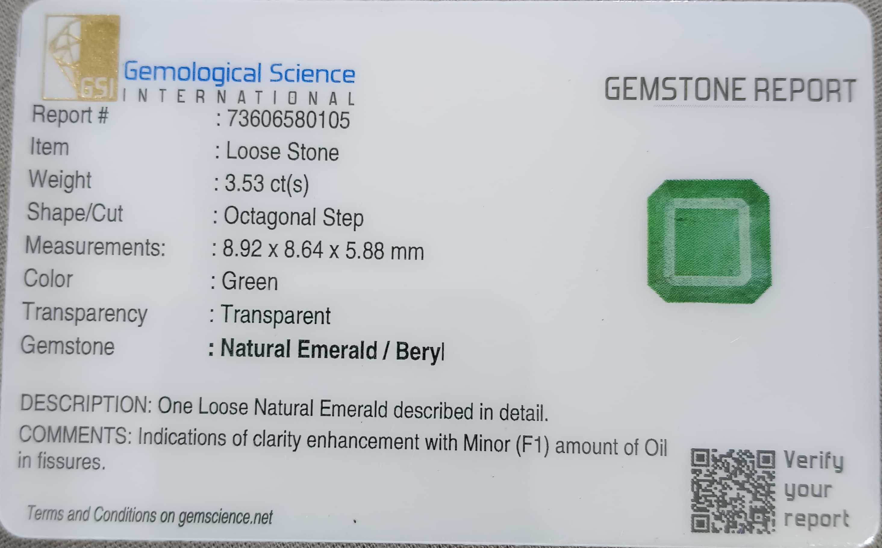 3.53ct GSI certified bright shamrock green Zambian emerald octagon cut gemstone 