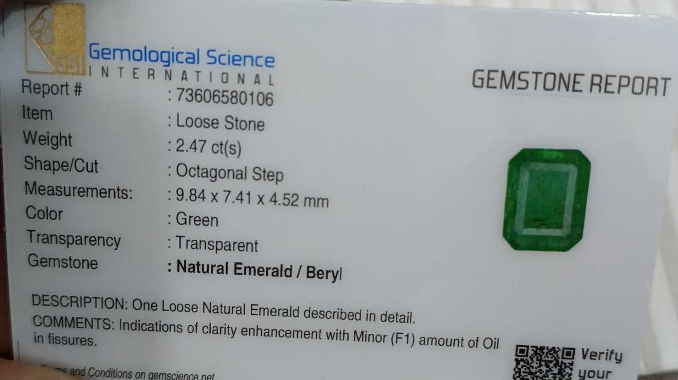 2.47ct GSI certified Zambian emerald medium deep pure green gemstone