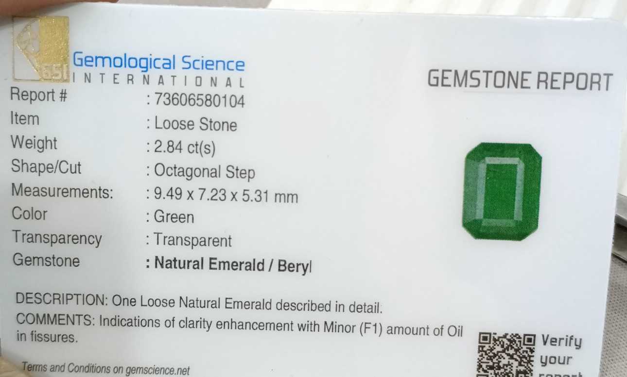 2.84ct GSI certified deep green octagon cut Zambian emerald 