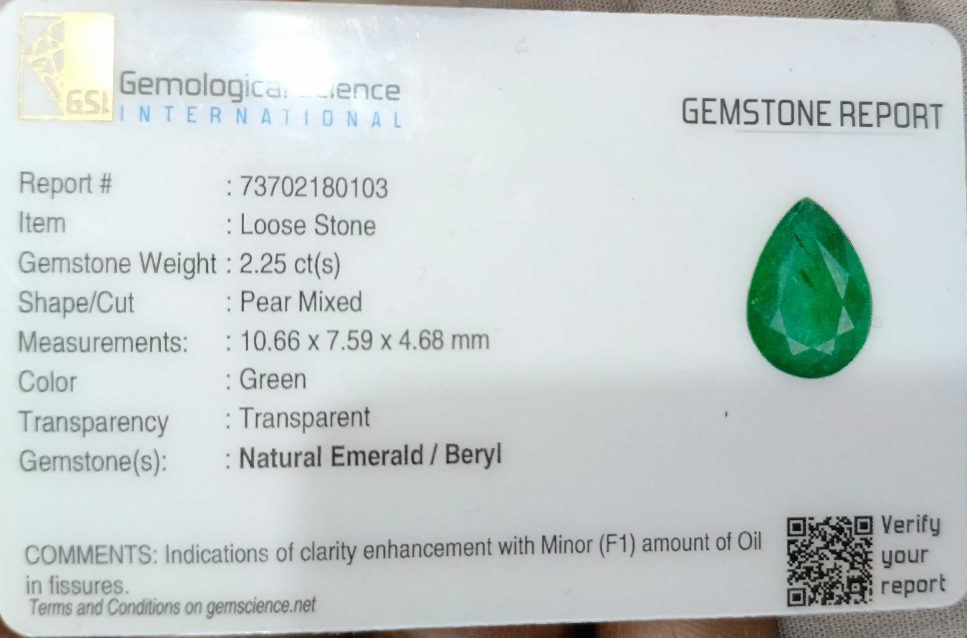 2.25ct Deep velvet green pear cut certified natural Zambian emerald stone 