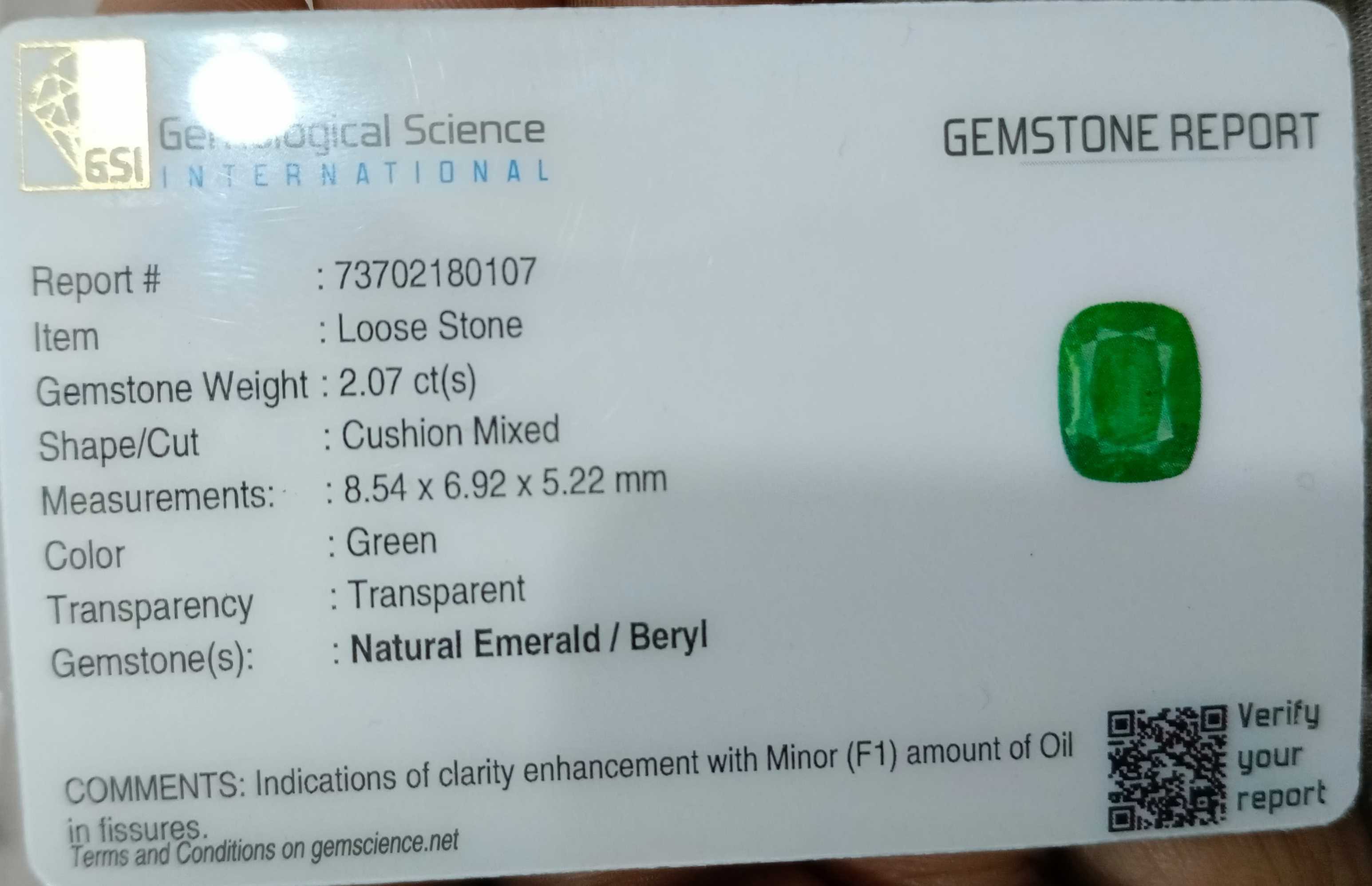 2.07ct Vivid medium deep Panjshir emerald cushion cut certified natural gemstone 