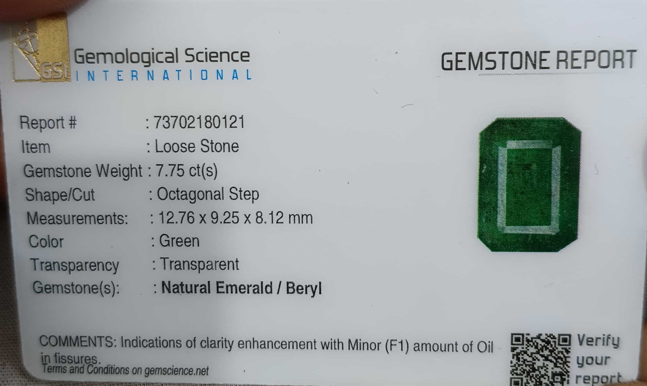7.75ct GSI certified dark green Zambian emerald octagon cut natural stone