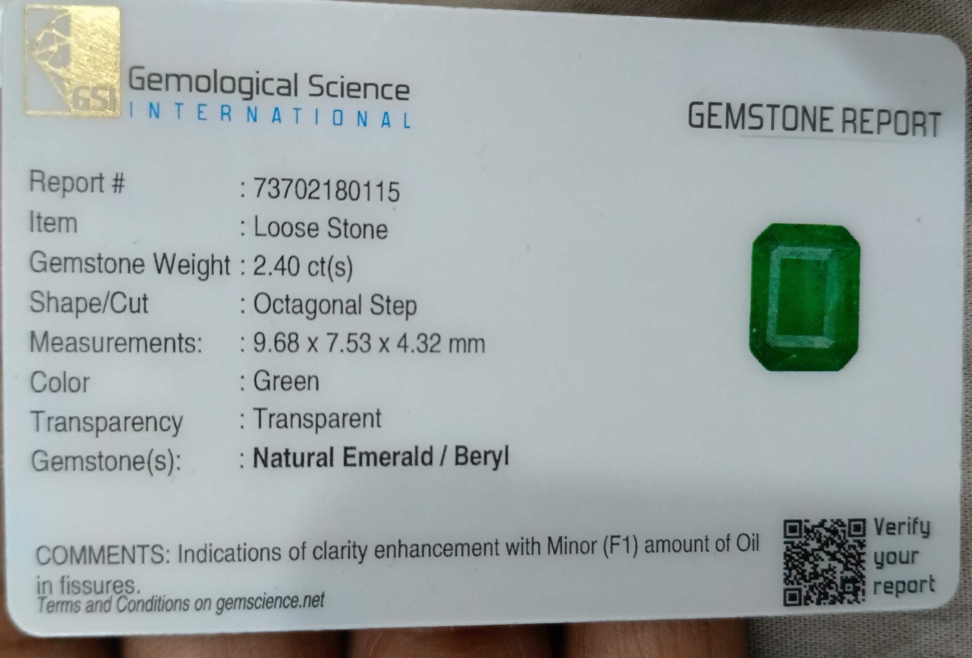 2.40ct GSI certified alpine green natural Zambian emerald stone 