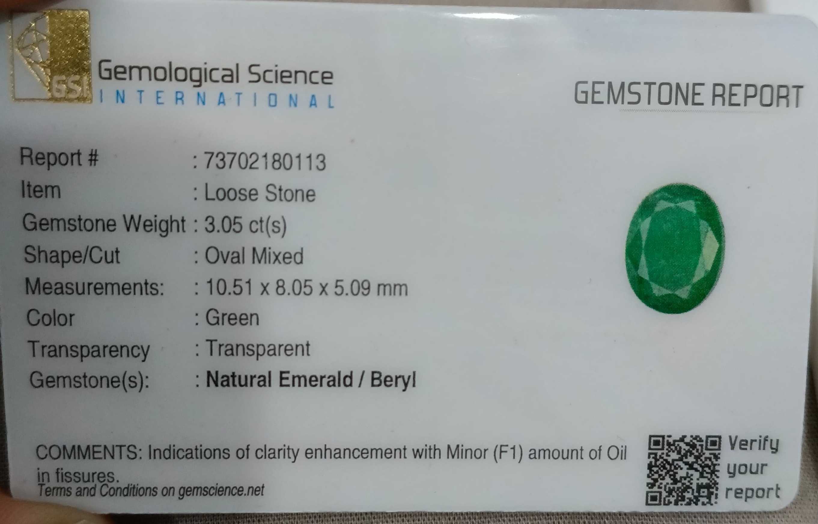 3.05ct Medium deep green Certified Natural Zambian emerald stone 