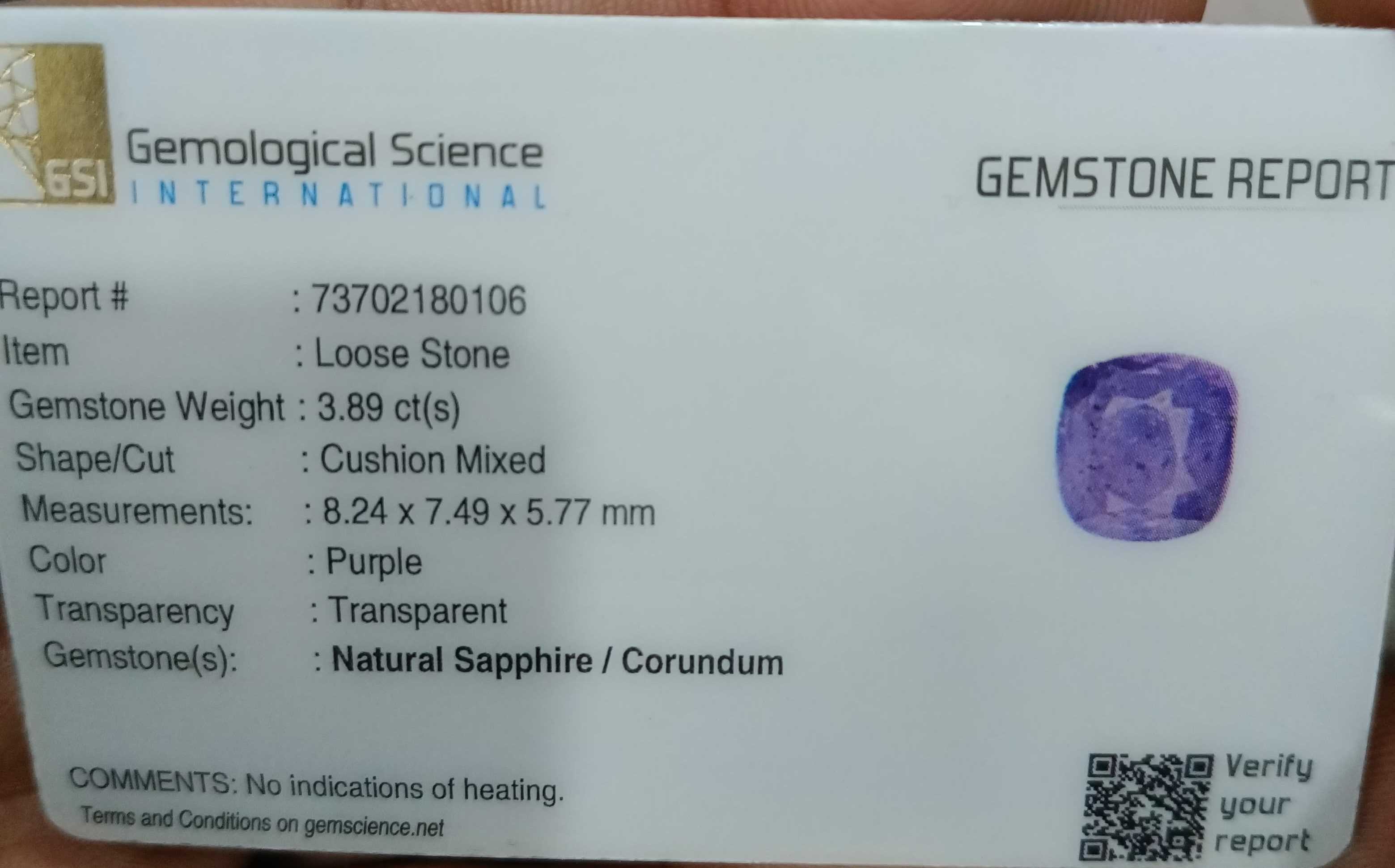 3.89ct GSI certified purple sapphire natural untreated cushion cut stone 