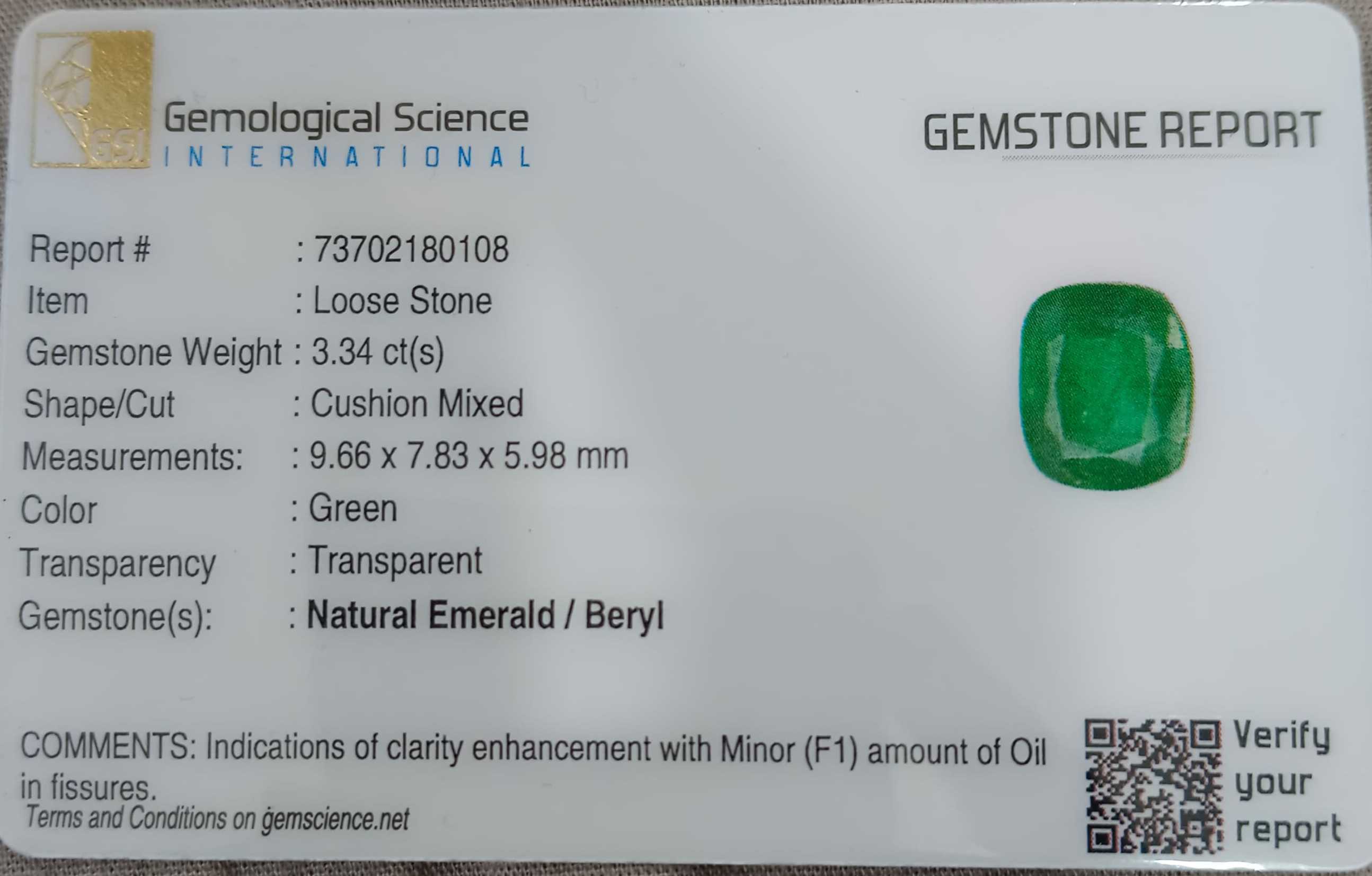 3.34ct Certified natural vivid medium green Zambian emerald cushion cut stone 