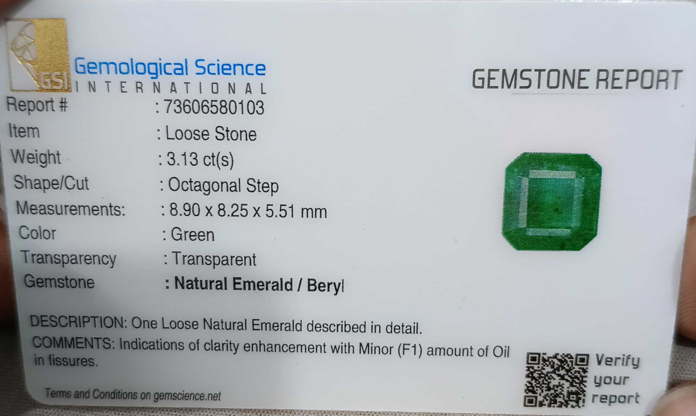 3.13ct Medium green octagon cut Zambian emerald natural certified gem