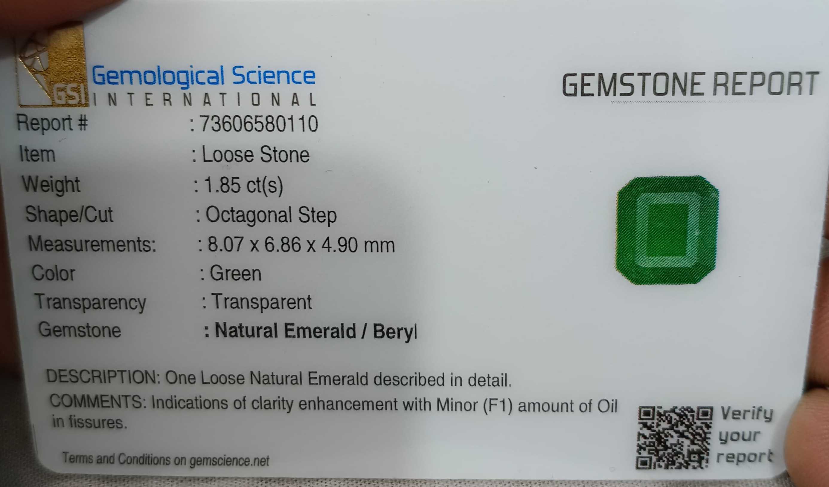 1.85ct GSI certified Swat emerald velvet green octagon cut gemstone 
