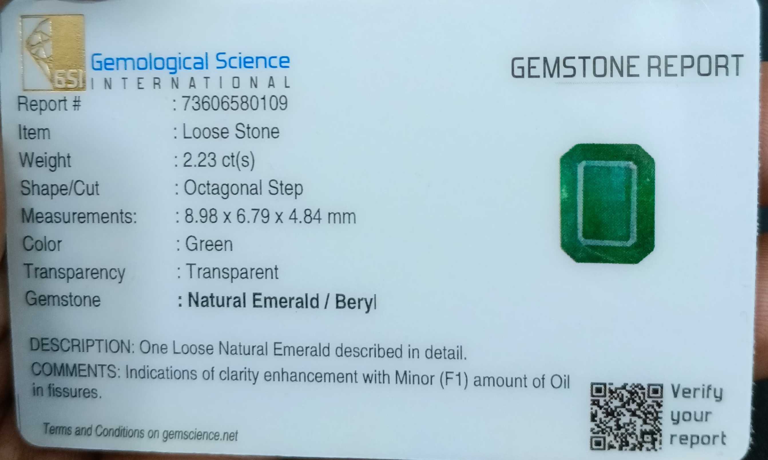 2.23ct GSI certified medium deep green octagon cut Zambian emerald 