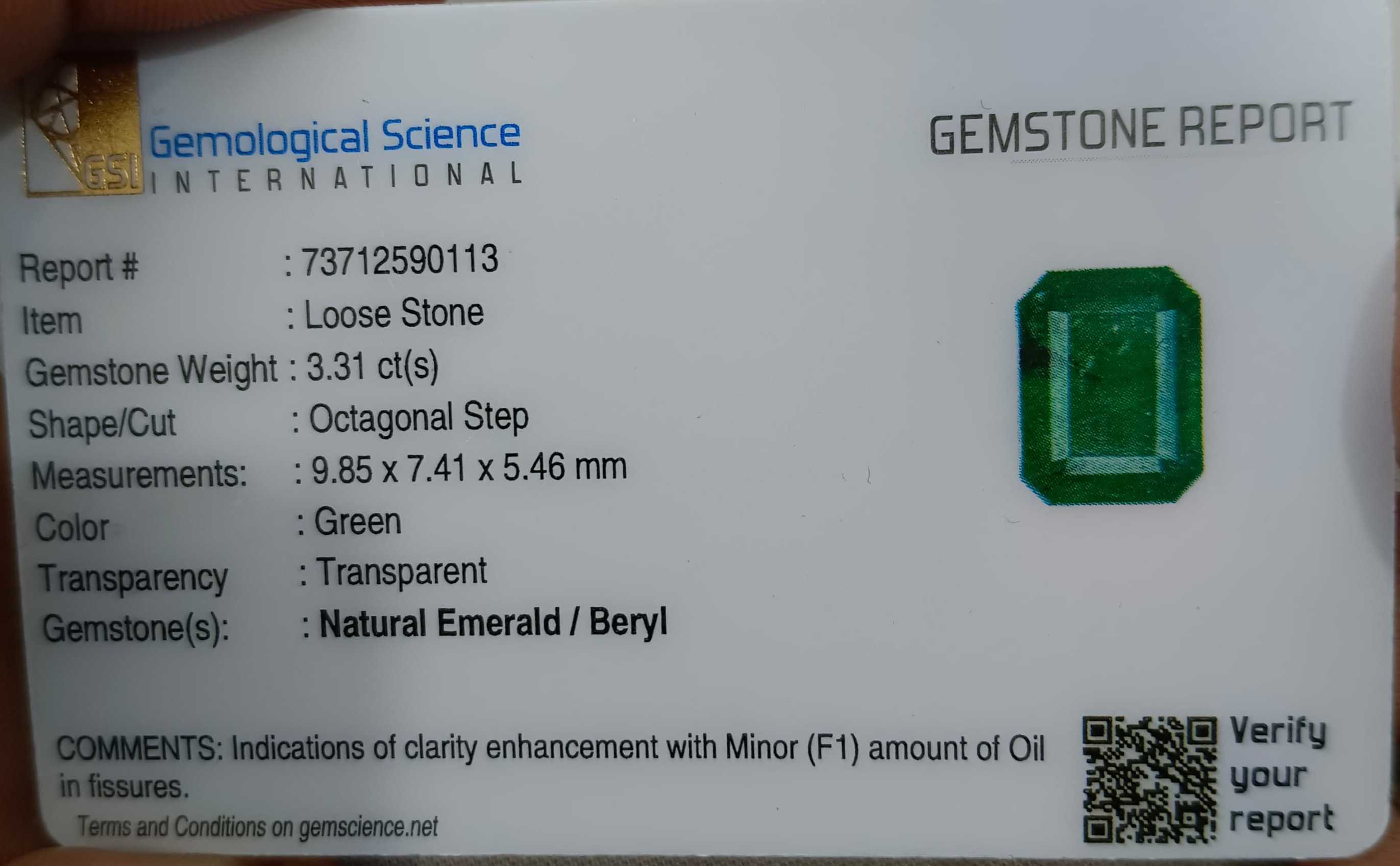 3.31ct GSI certified deep green natural octagon cut Zambian emerald 