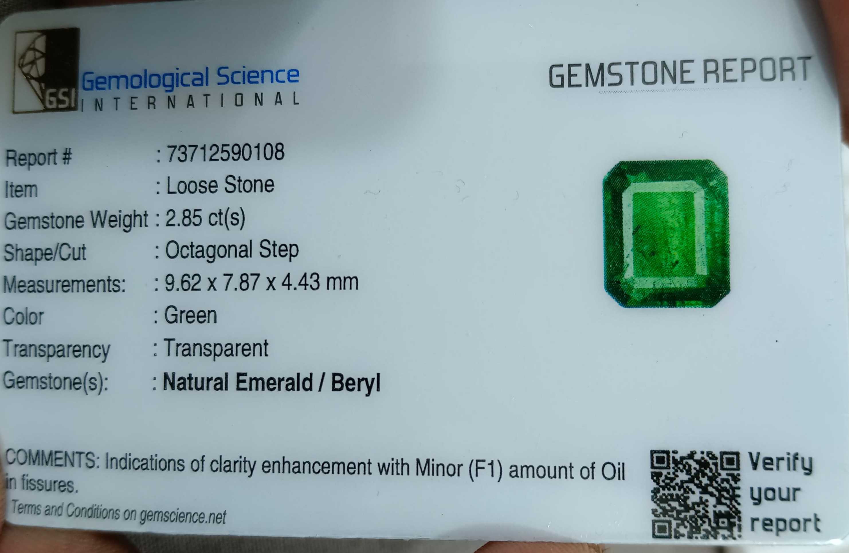 2.85ct GSI USA certified octagon cut deep forest green Zambian emerald 