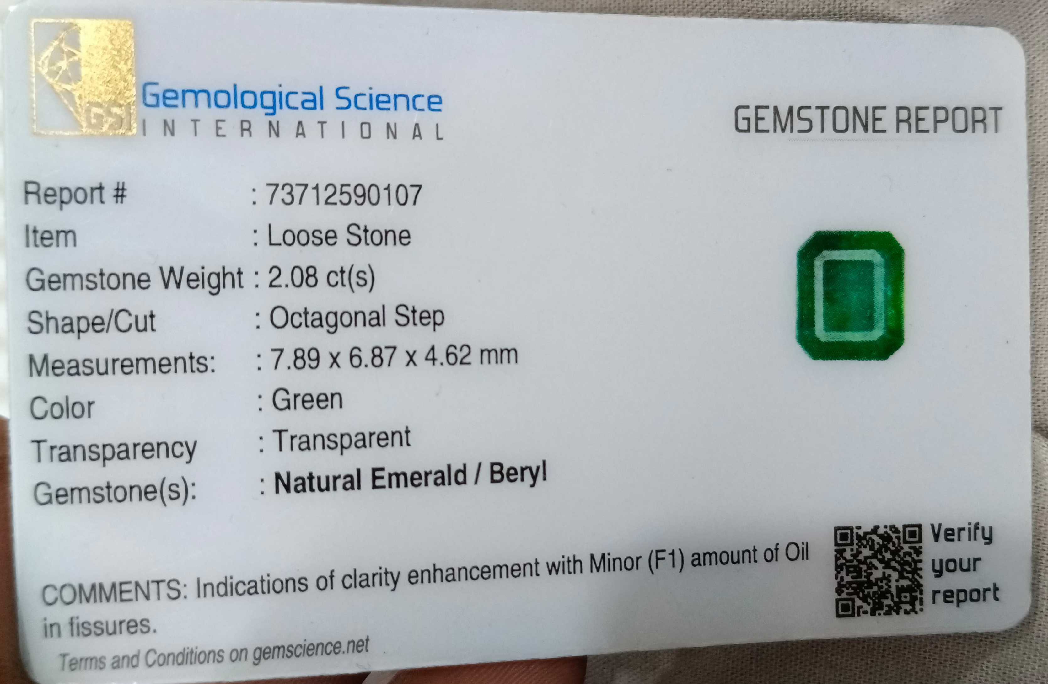 2.08ct Certified deep green natural octagon cut Zambian emerald stone 