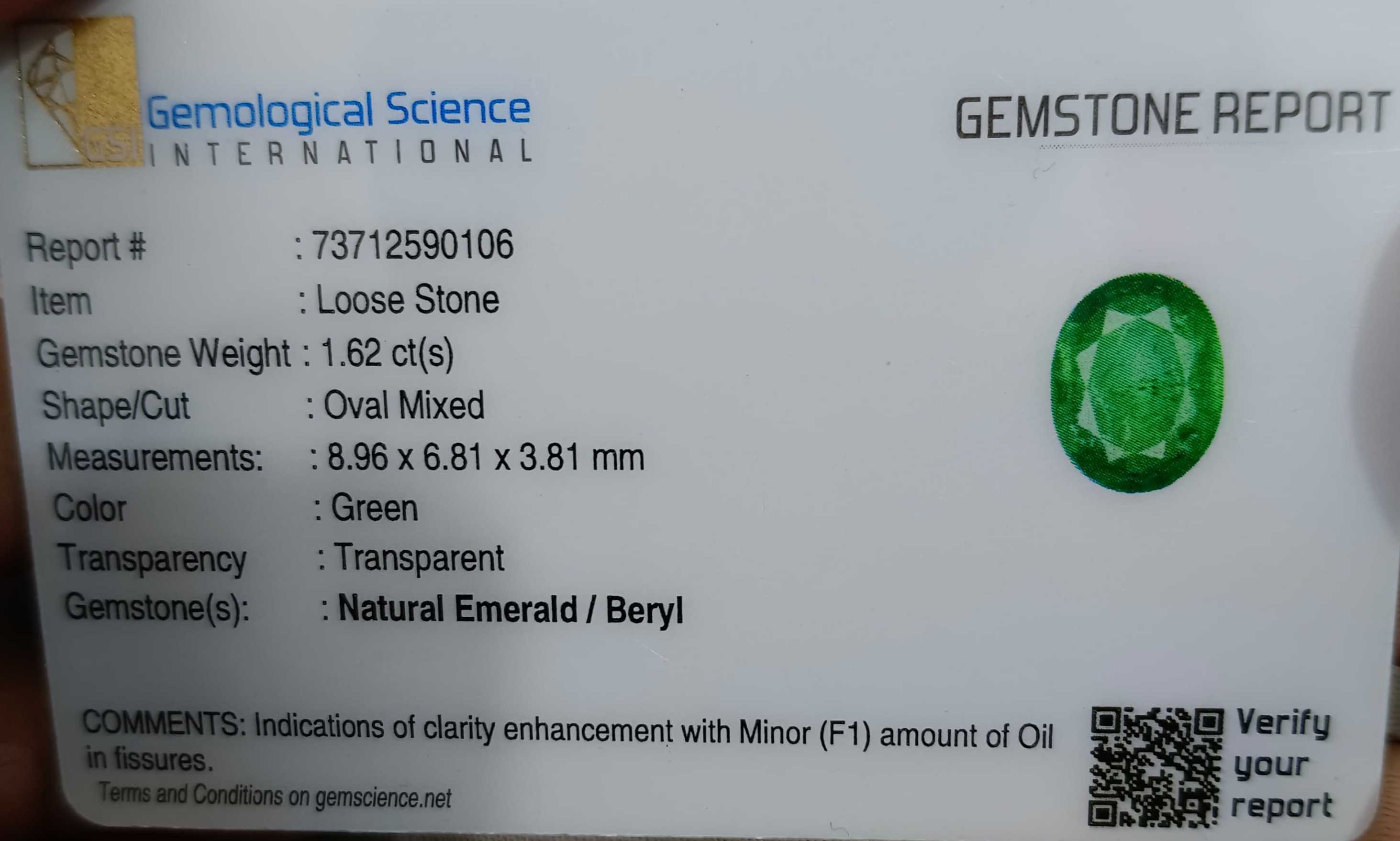 1.62ct Certified natural medium green oval cut Zambian emerald gemstone 