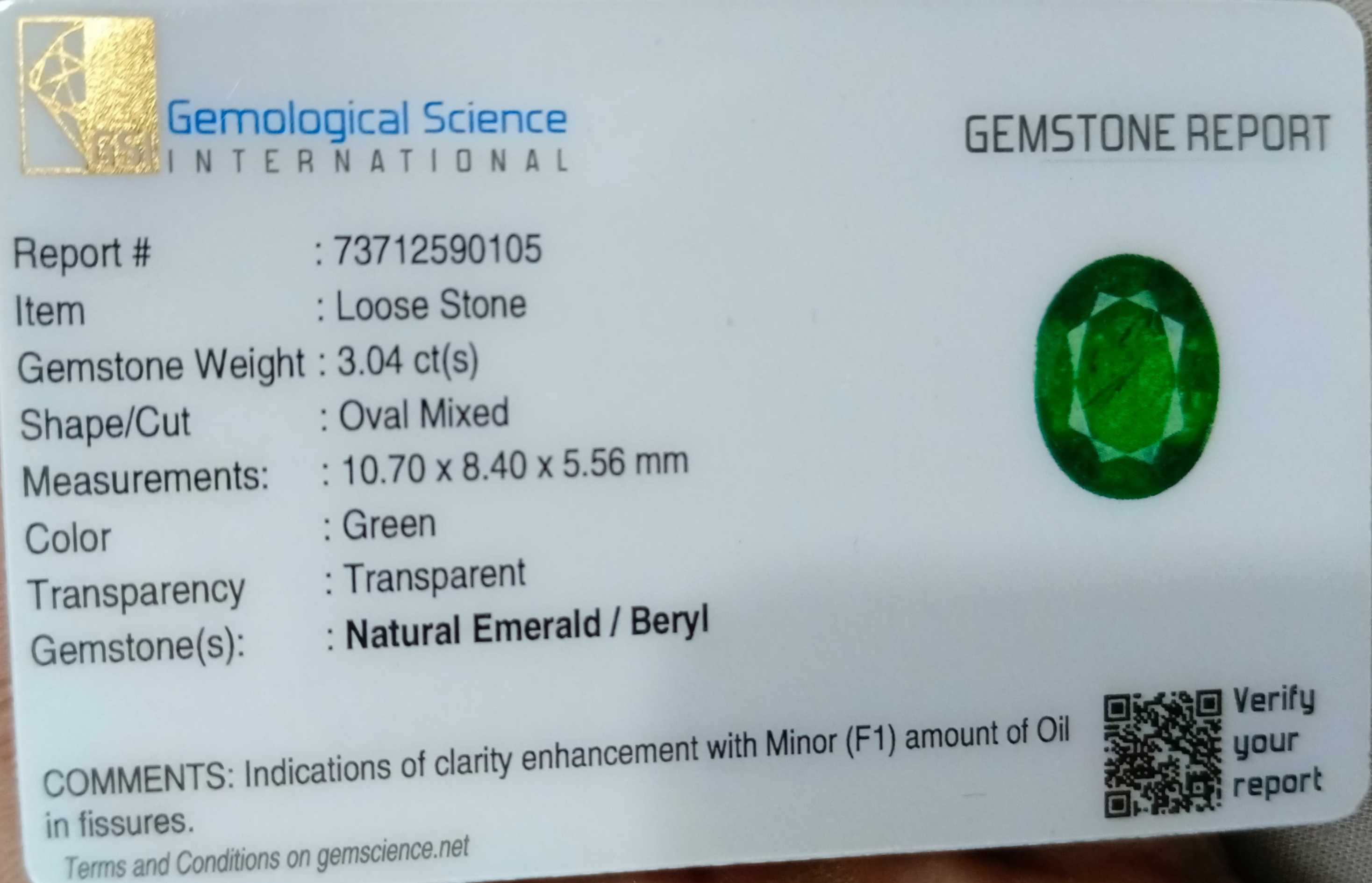 3.04ct GSI certified forest green oval cut Zambian emerald stone 