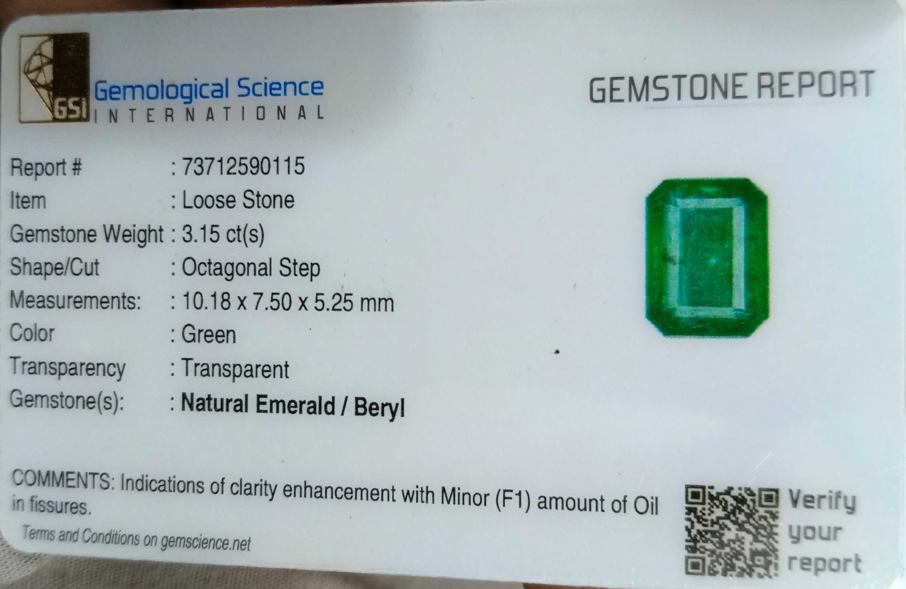 3.15ct Certified deep green octagon cut Zambian emerald stone 