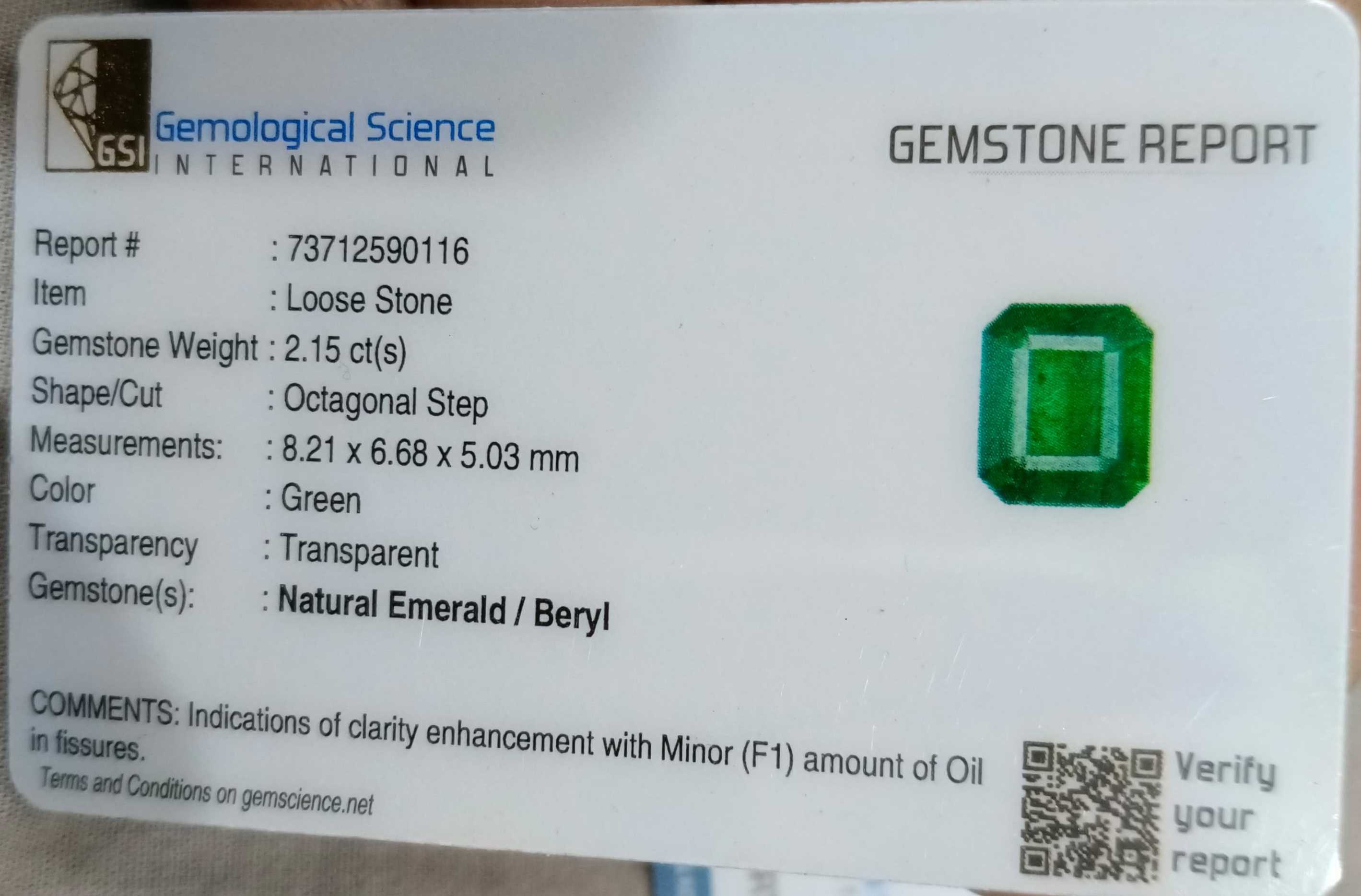 2.15ct GSI USA certified medium green octagon cut Zambian emerald stone 