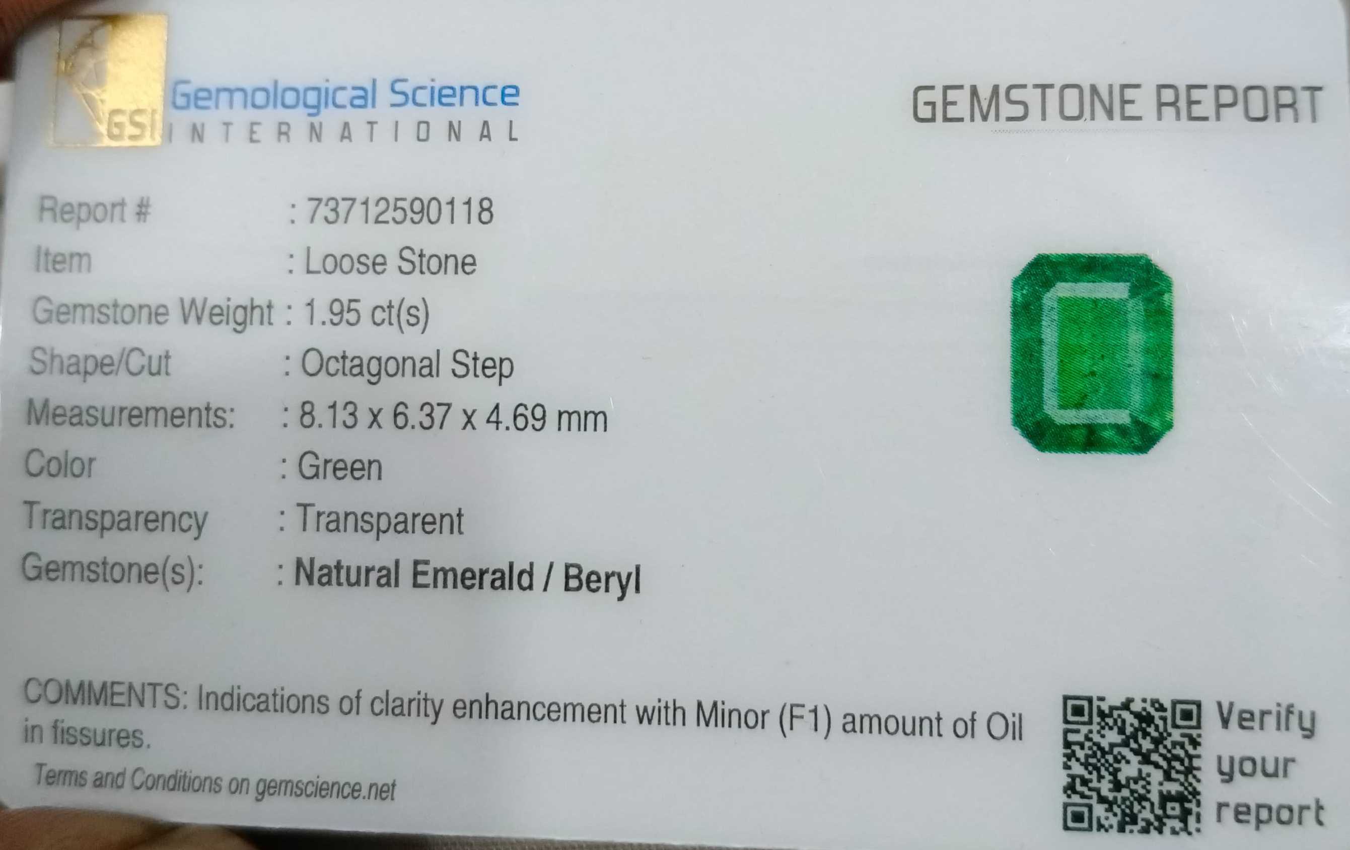 1.95ct Certified medium bright glass green octagon cut Zambian emerald stone 