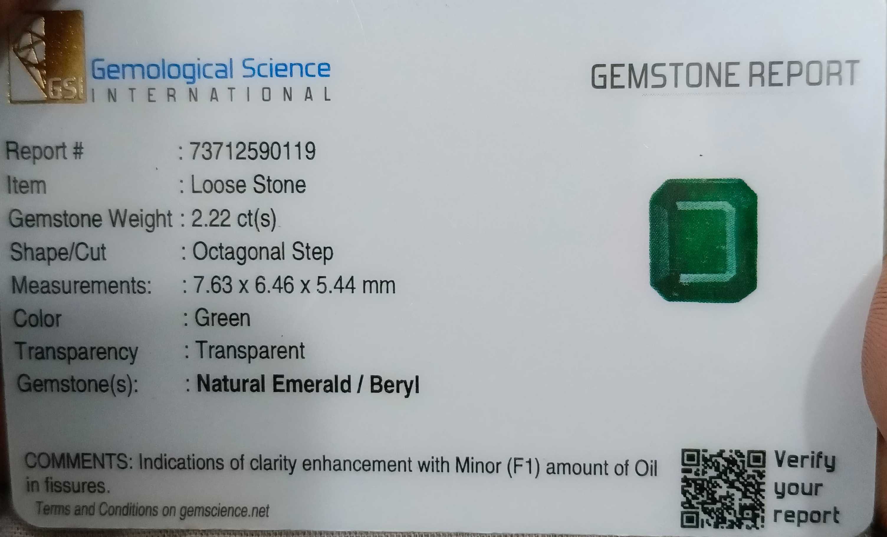 2.22ct Certified dark green octagon cut natural Zambian emerald stone 