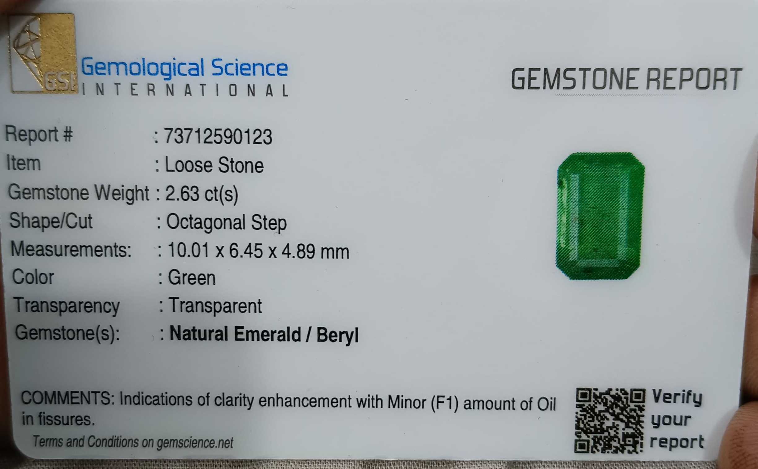 2.63ct GSI USA certified neon green octagon cut natural Zambian emerald gemstone 