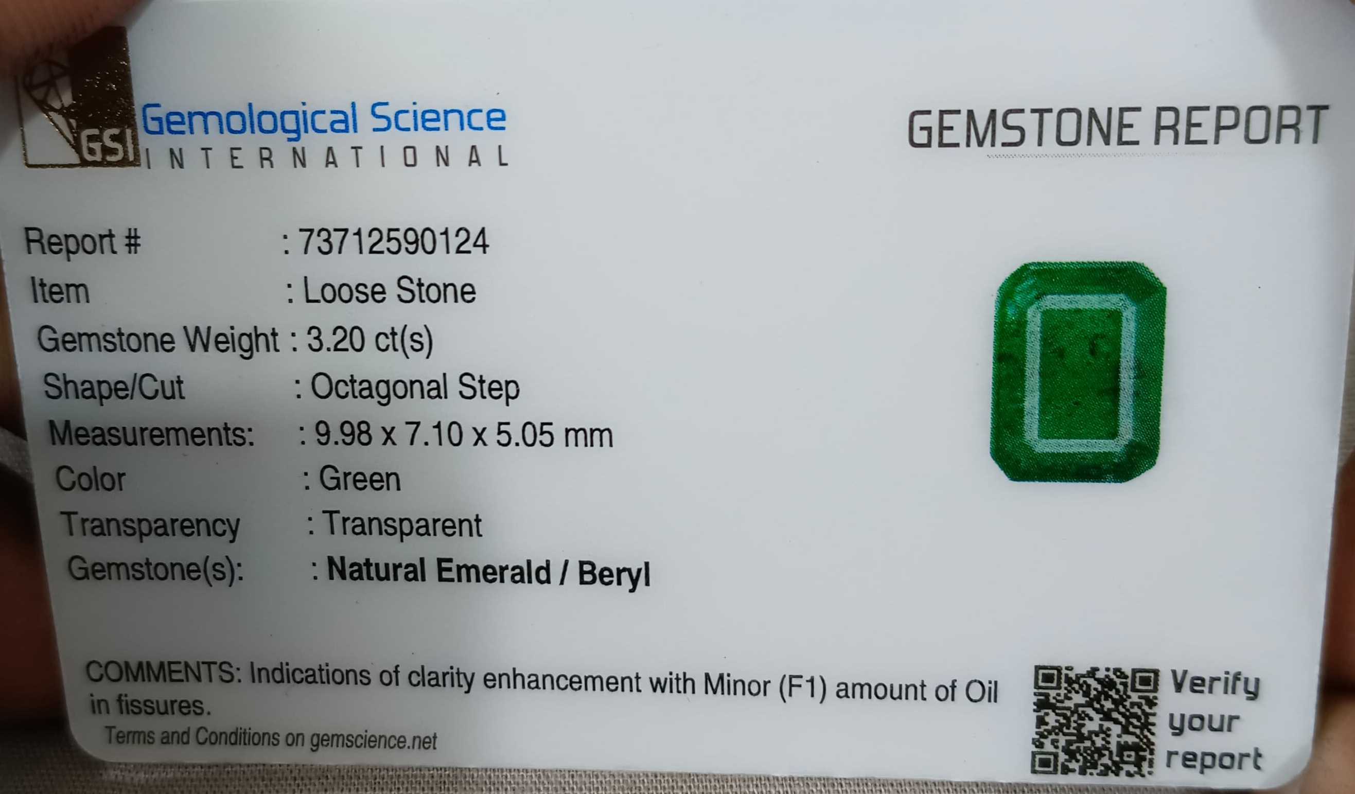 3.20ct Natural certified deep green octagon cut Zambian emerald stone 