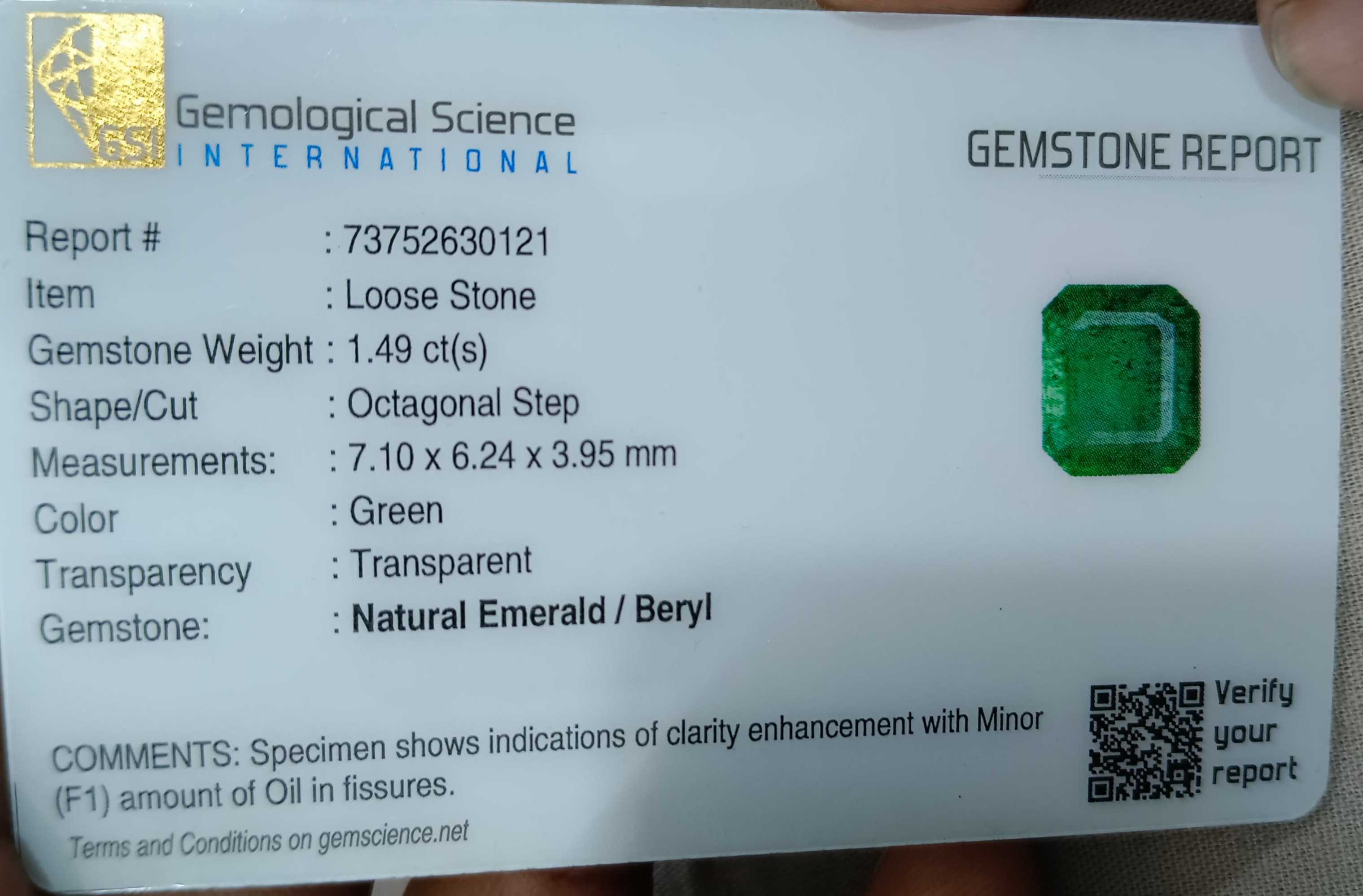 1.49ct Certified natural deep green Zambian emerald octagon cut gemstone